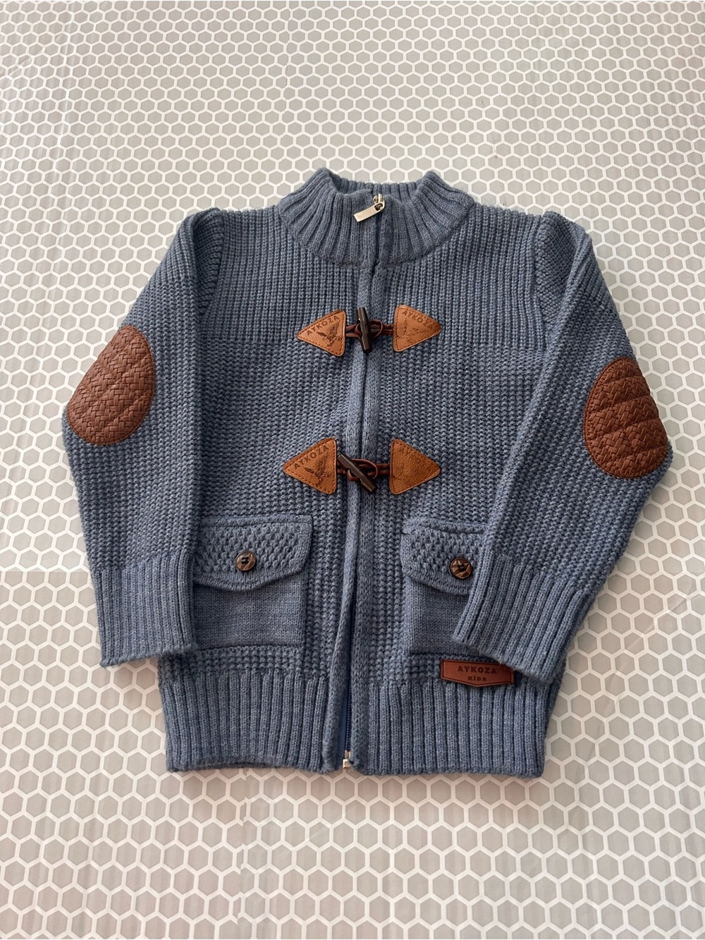 Ayköza Turkey-Light Blue Knit Toggle Zip Cardigan w Leather Patches Size 3/4 T